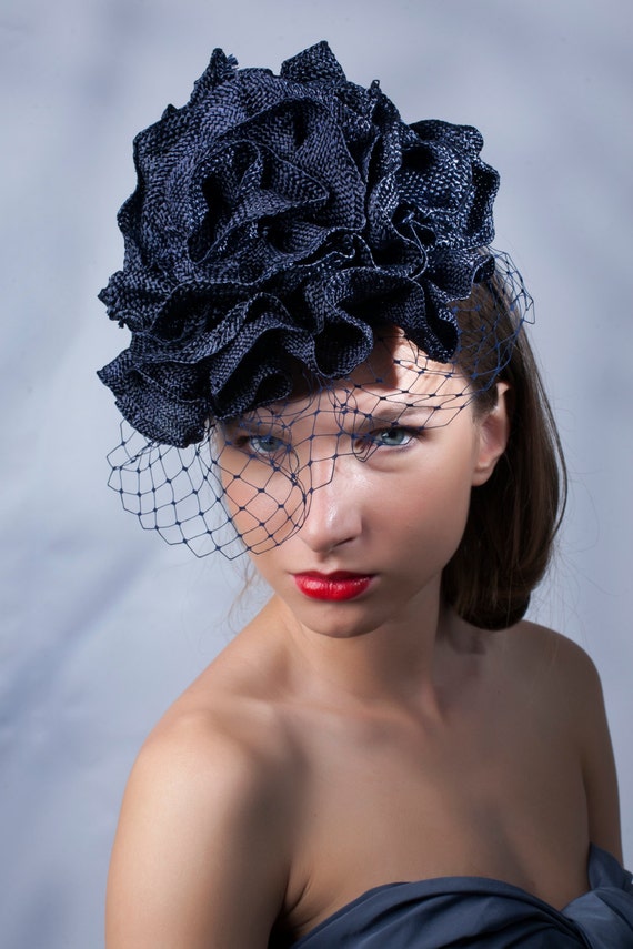 Elegant Navy Hat, Veiled Derby Headpiece, Royal Ascot  display picture 1