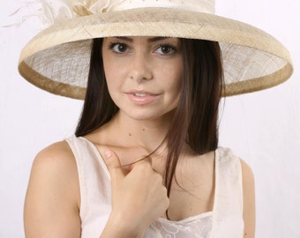 Chapéu de casamento creme, chapéu de noiva de aba larga, chapéu Royal Ascot, chapéu derby de Kentucky, chapéu de casamento de verão, chapéu Tea Party, chapéu estilo derby, chapéu de noiva