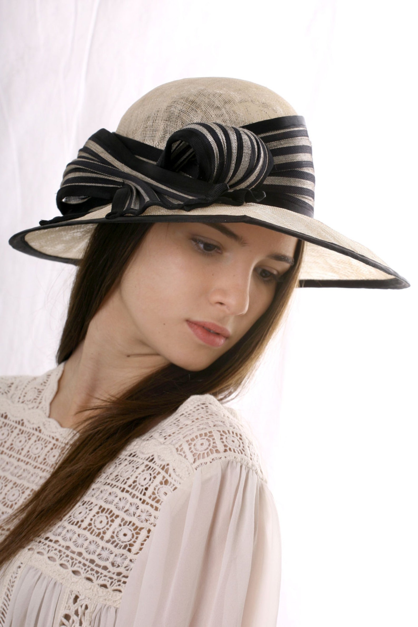 Cream Wide Brim Hat, Asymmetric Widebrim Hat, Kentucky Derby Hat