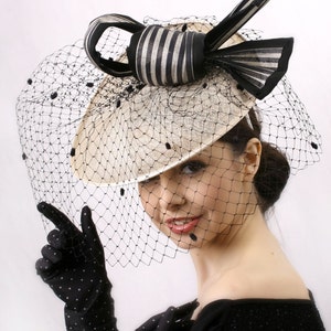 Kentucky derby headpiece, Elegant Veiled hat, Ivory and black headpiece, Royal Ascot fascinator, Kentucky derby hat, Audrey Hepburn hat image 2