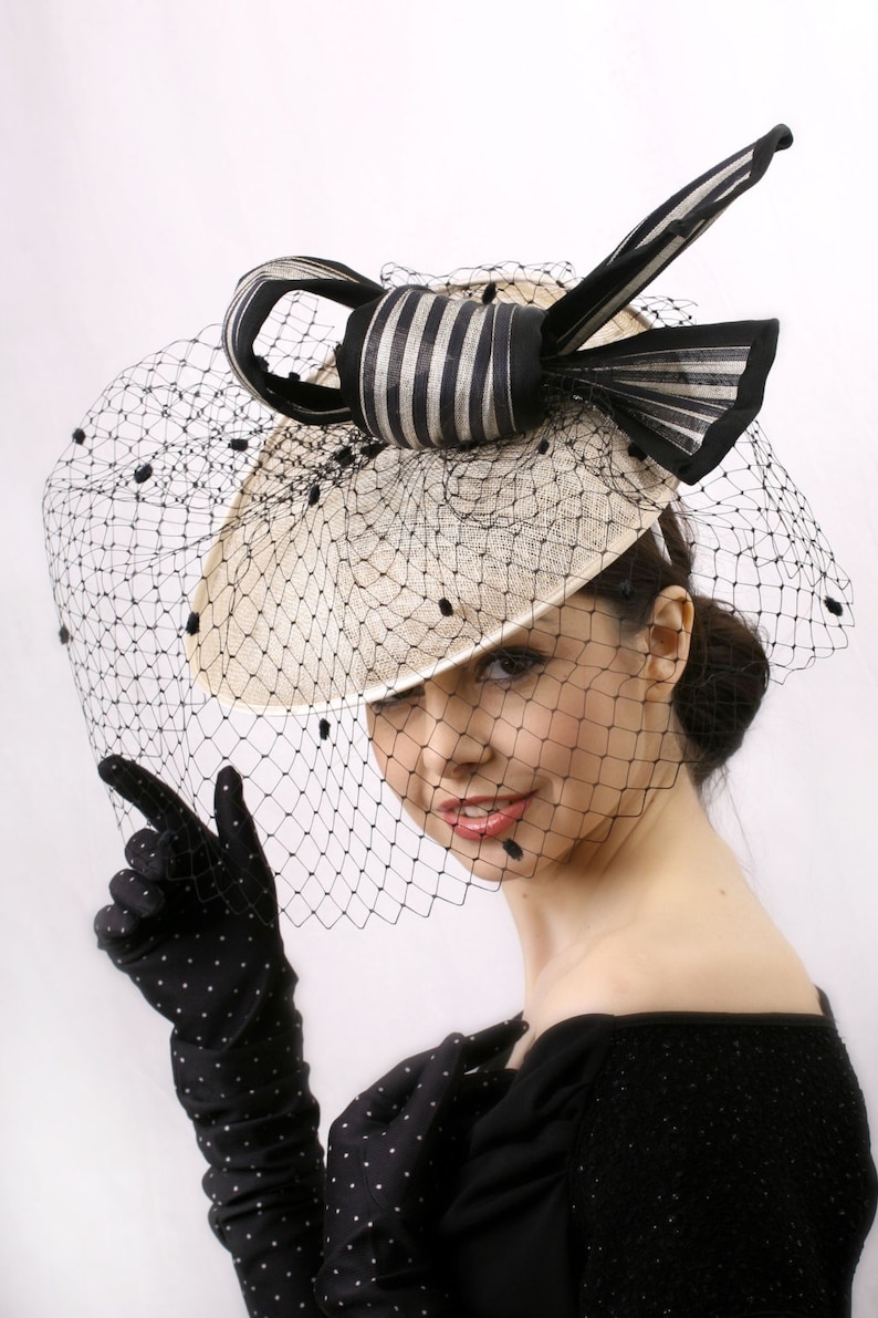 Kentucky derby headpiece, Elegant Veiled hat, Ivory and black headpiece, Royal Ascot fascinator, Kentucky derby hat, Audrey Hepburn hat image 2