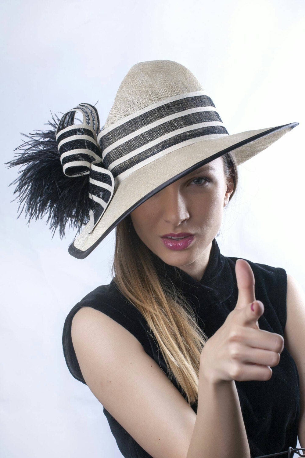 Melbourne Cup Hat, Cream and Black Hat, Summer Sun Hat, Kentucky Derby