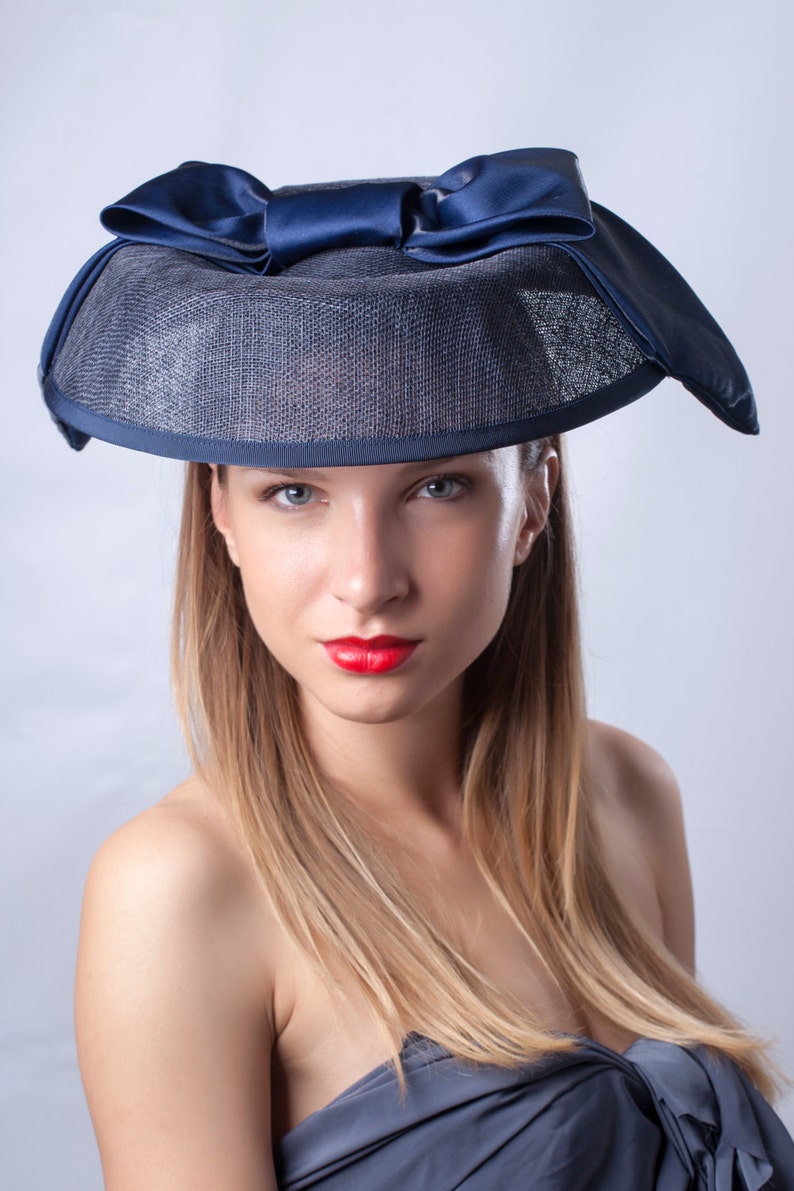 Chic navy hat, Elegant derby headpiece, Royal Ascot fascinator, Kentucky derby hat, Audrey Hepburn hat, Hat, Haute couture hat, Chic hat image 1