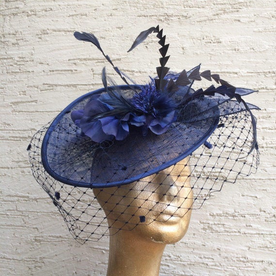Elegant Derby Hat, Navy Blue Hat, Royal Ascot Fascinator 
