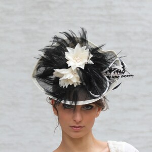 Black cream Fascinator hat, Melbourne cup hat, Royal Ascot hat, Wedding quest hat, tea party hat, couture derby fascinator, Black headpiece image 5