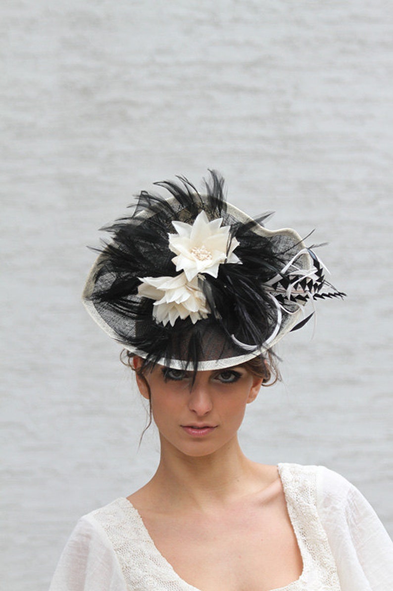 Black cream Fascinator hat, Melbourne cup hat, Royal Ascot hat, Wedding quest hat, tea party hat, couture derby fascinator, Black headpiece image 5