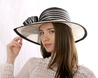 Cream wide brim hat, Asymmetric wide-brim hat, Kentucky derby hat, Wedding hat, Tea Party hat, Ascot hat, 20's style hat