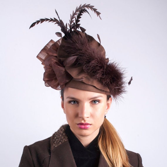 Victorian Riding Pillbox Brown Feather 