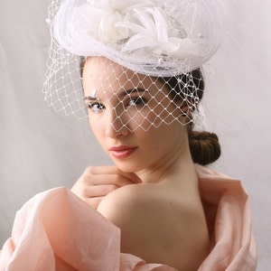 White Veiled  Wedding Hat, Spring summer wedding fascinator, Bridal fascinator hat, Haute couture wedding hat, Couture millinery bridal hat