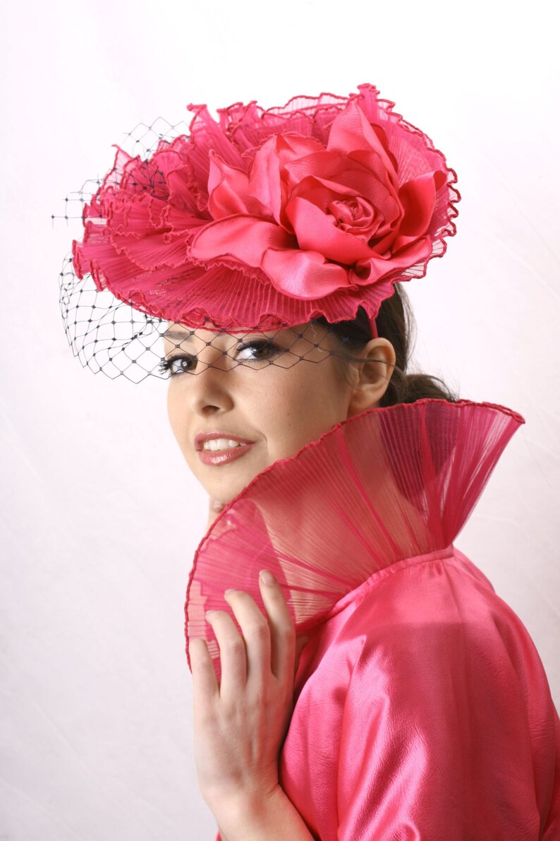 Veiled Fuchsia Fascinator, Hot Pink Hat, Royal Ascot Fascinator, Derby