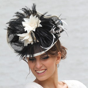Black cream Fascinator hat, Melbourne cup hat, Royal Ascot hat, Wedding quest hat, tea party hat, couture derby fascinator, Black headpiece image 4
