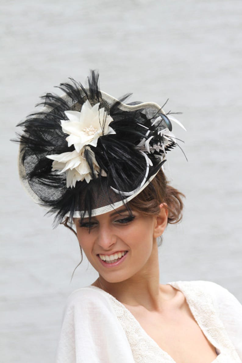 Black cream Fascinator hat, Melbourne cup hat, Royal Ascot hat, Wedding quest hat, tea party hat, couture derby fascinator, Black headpiece image 4