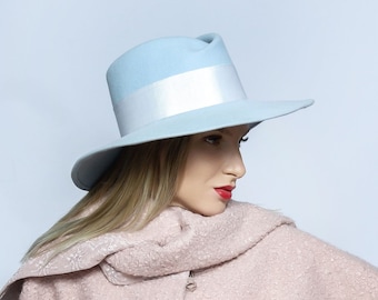 unisex fedora hat, Fedora felt hat, wide brim fedora, fur felt hat, light blue hat, New York style hat, Wide brim hat, unisex hat