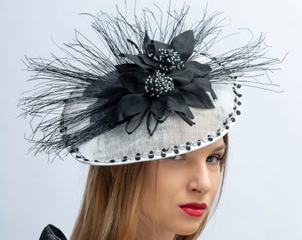 Derby fascinator hat, Elegant fascinator hat, black white headpiece, Royal Ascot fascinator, Kentucky derby hat, Haute couture hat, Chic hat