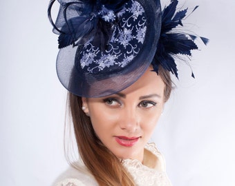 Navy fascinator hat, Melbourne cup hat, Kentucky derby fascinator, Ascot hat, Wedding guest headpiece, Couture millinery hat, lace derby hat
