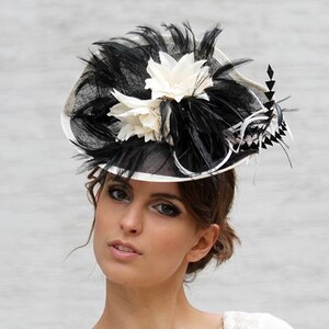 Black cream Fascinator hat, Melbourne cup hat, Royal Ascot hat, Wedding quest hat, tea party hat, couture derby fascinator, Black headpiece image 2