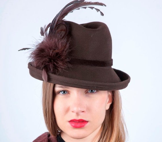 Elegant Felt Fedora, Fedora Pillbox, Brown Felt Fedora, Hat  display picture 3