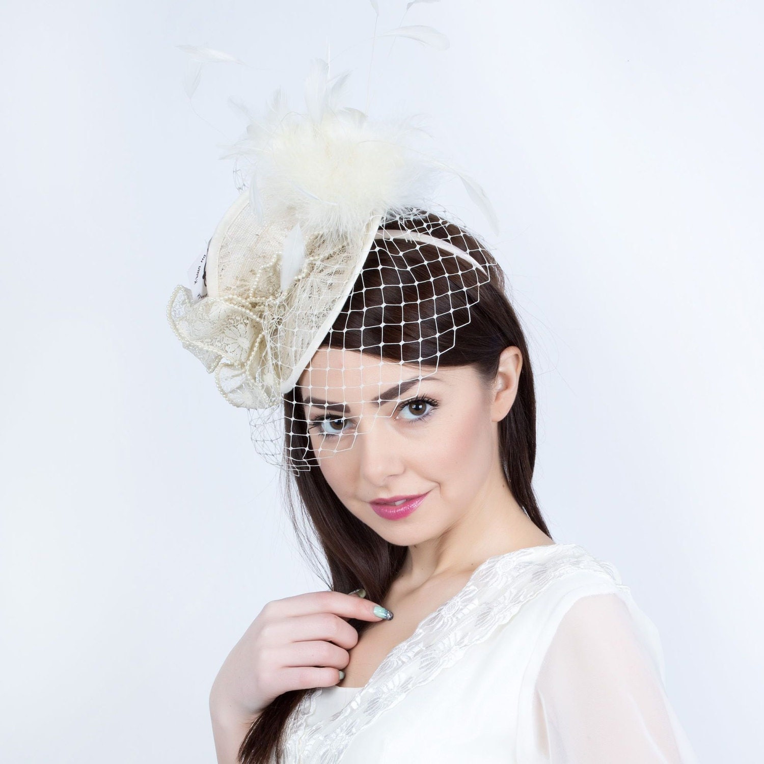 Veiled Wedding Hat, Cream Wedding Hat, Romantic Bridal Hat  display picture 1