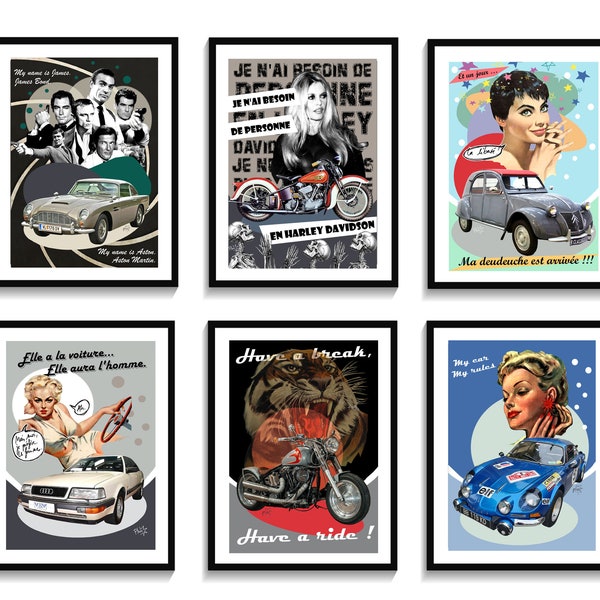 Affiches Harley & voitures iconiques d'époque différentes. Tirages numérotés et signés by Phosi. Choisissez votre modèle et votre format !