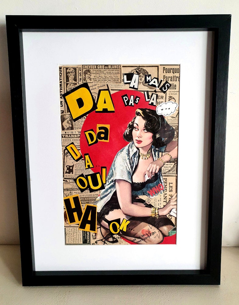 Original Signé, Tableau Pop Art, Pin Up Pulp Cover, Collage sur Papier Encadré Sans Vitre, 35x45cm '