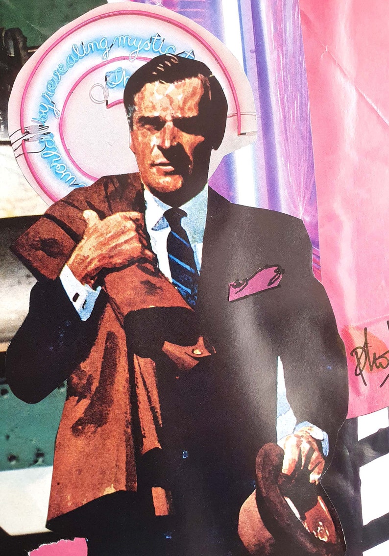 L'homme à la pochette rose. Collage papiers sur papier avec passe partout, prêt à encadrer en 30x40cm. Original signé Phosi image 4