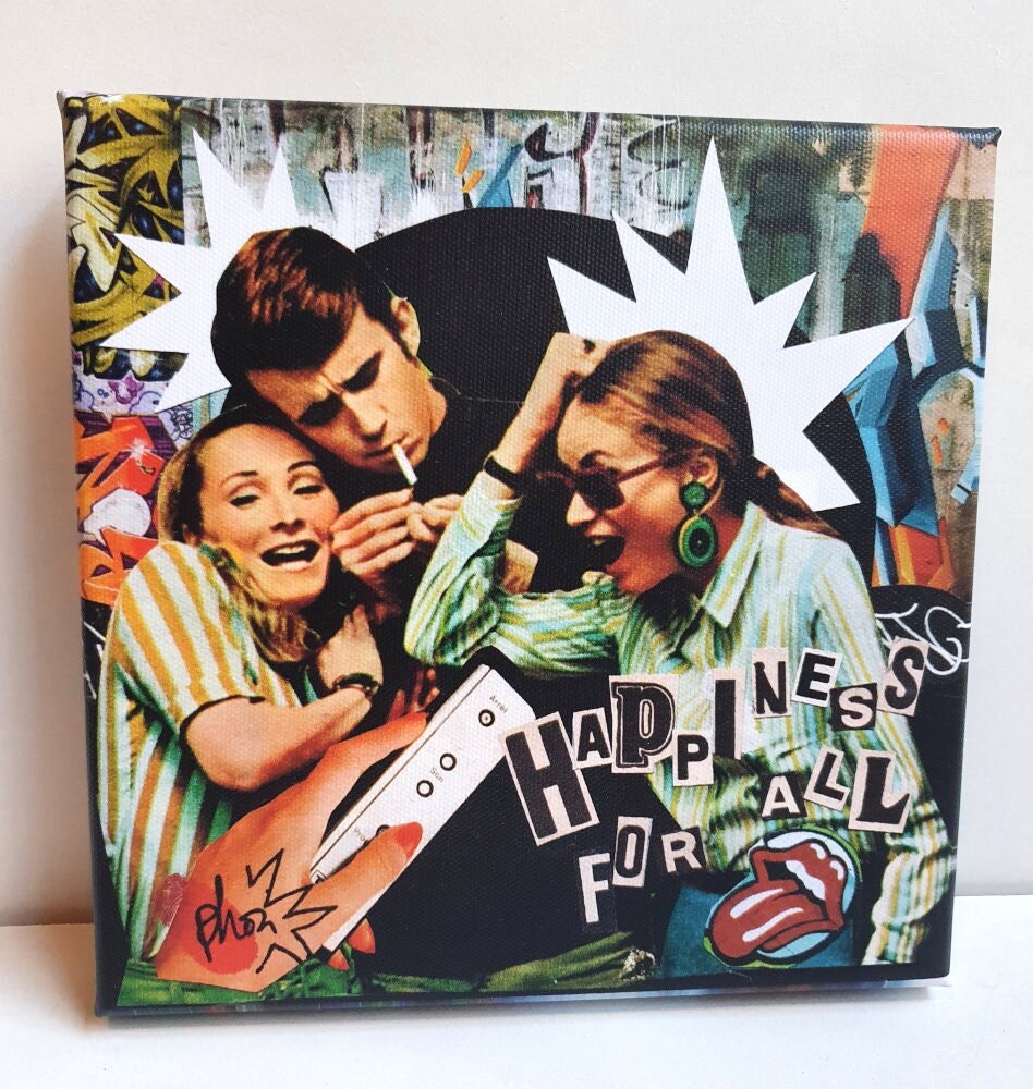 Déco Pop Art Vintage, Petite Toile Carrée Imprimée d'un de Mes Collages Happiness For All 20x20cm - 