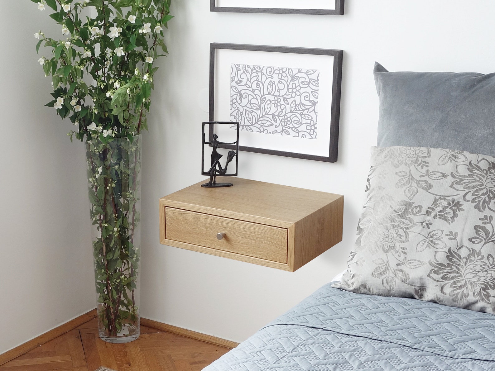 Floating Nightstand With Drawer Bedside Table Oak Veneer Oil Etsy