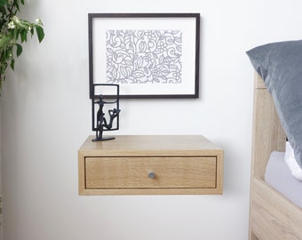 Floating nightstand with drawer, Bedside table Oak veneer oil finish