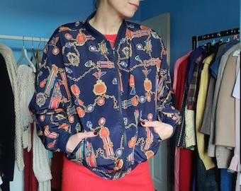 Satin Bomber Jacket - vintage 1980s Alfred Dunner - Medallion print - large size