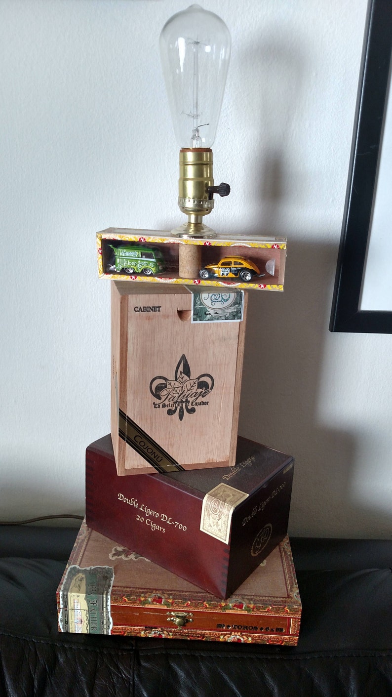 Cigar Box Art Table Lamp Secret Storage Display Hot Wheels Mancave Edison Bulb