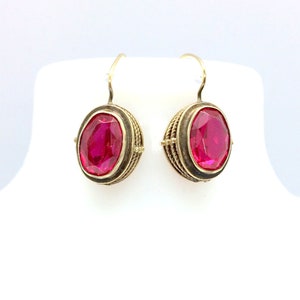 Antique Art Deco Russian Soviet Vermeil Gilded Silver Ruby Earrings