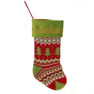 Personalised Knitted Tree Christmas Stocking - Green Cuff