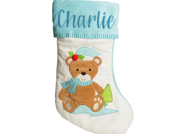 Personalised Baby Blue Teddy Bear Christmas Stocking