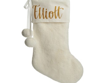 Personalised White Fur Christmas Stocking with Pom Poms