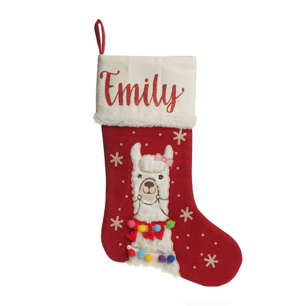 Personalised Fluffy Girl Llama Red Christmas Stocking