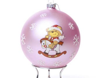 Pallina di Natale con cavallo a dondolo in vetro rosa dipinto a mano