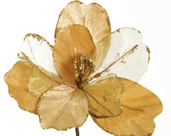 Gold Satin Magnolia Flower Stem with Glitter Trim