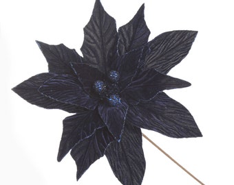 Large Blue Poinsettia Flower Stem with Glitter Trim