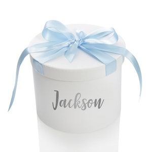 Personalised White Round Gift Box with Baby Blue Ribbon Bow