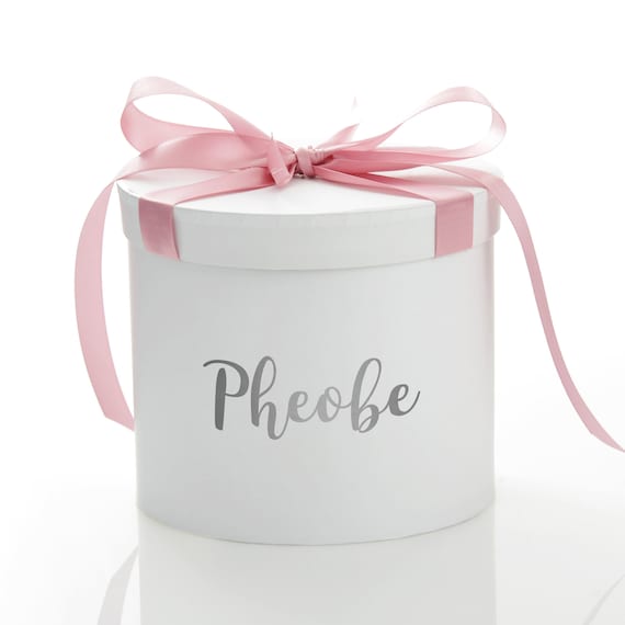 Personalised White Round Gift Box With Baby Pink Ribbon Bow 