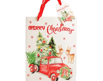 A gift bag with a Christmas design, decorated with a star, lametta