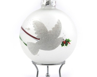 Frosted Handpainted Glass Christmas Peace Dove Bauble