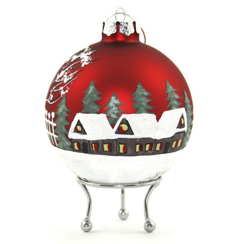 Red Handpainted Glass Christmas Village Bauble image 2