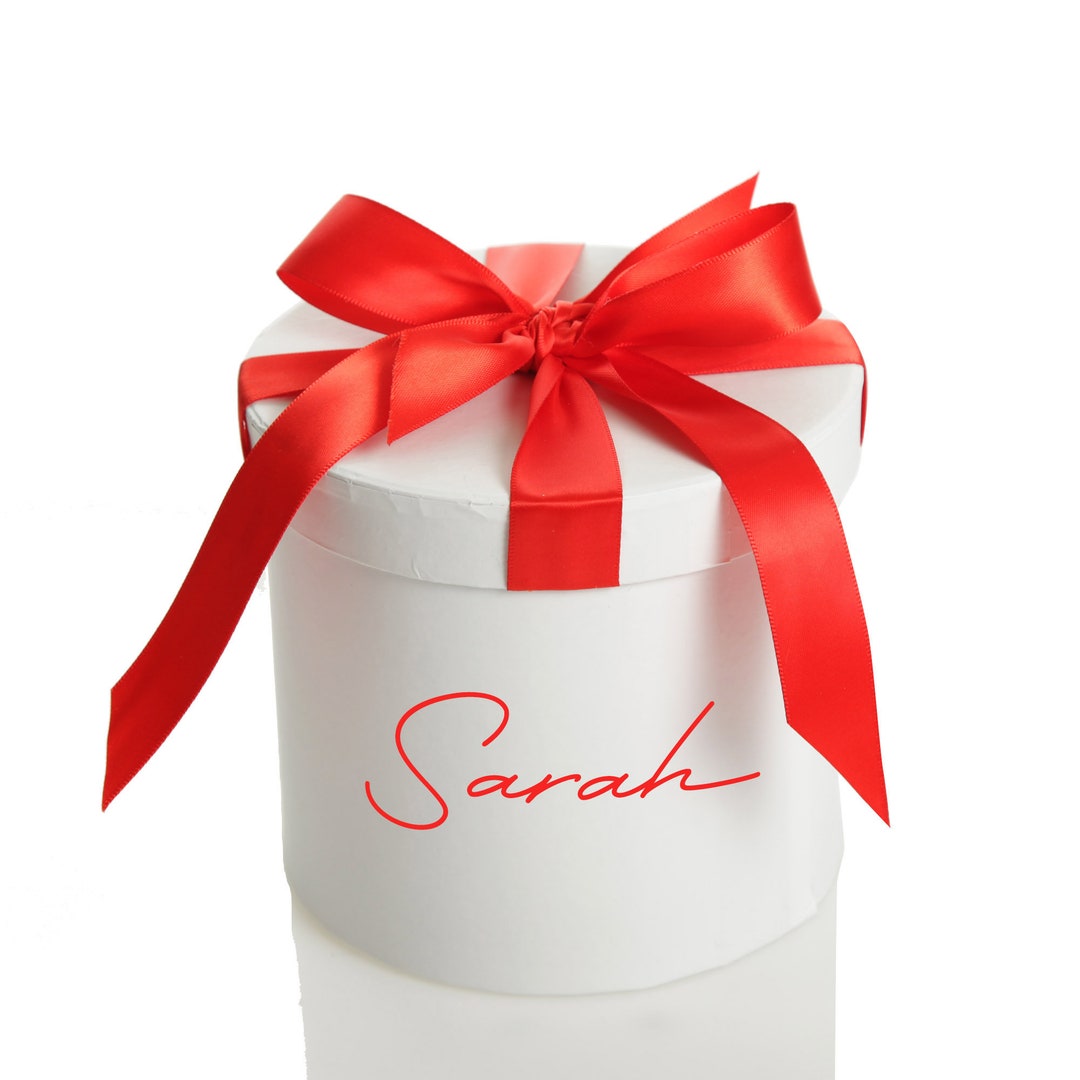 Personalised White Round Gift Box With Red Ribbon Bow Etsy