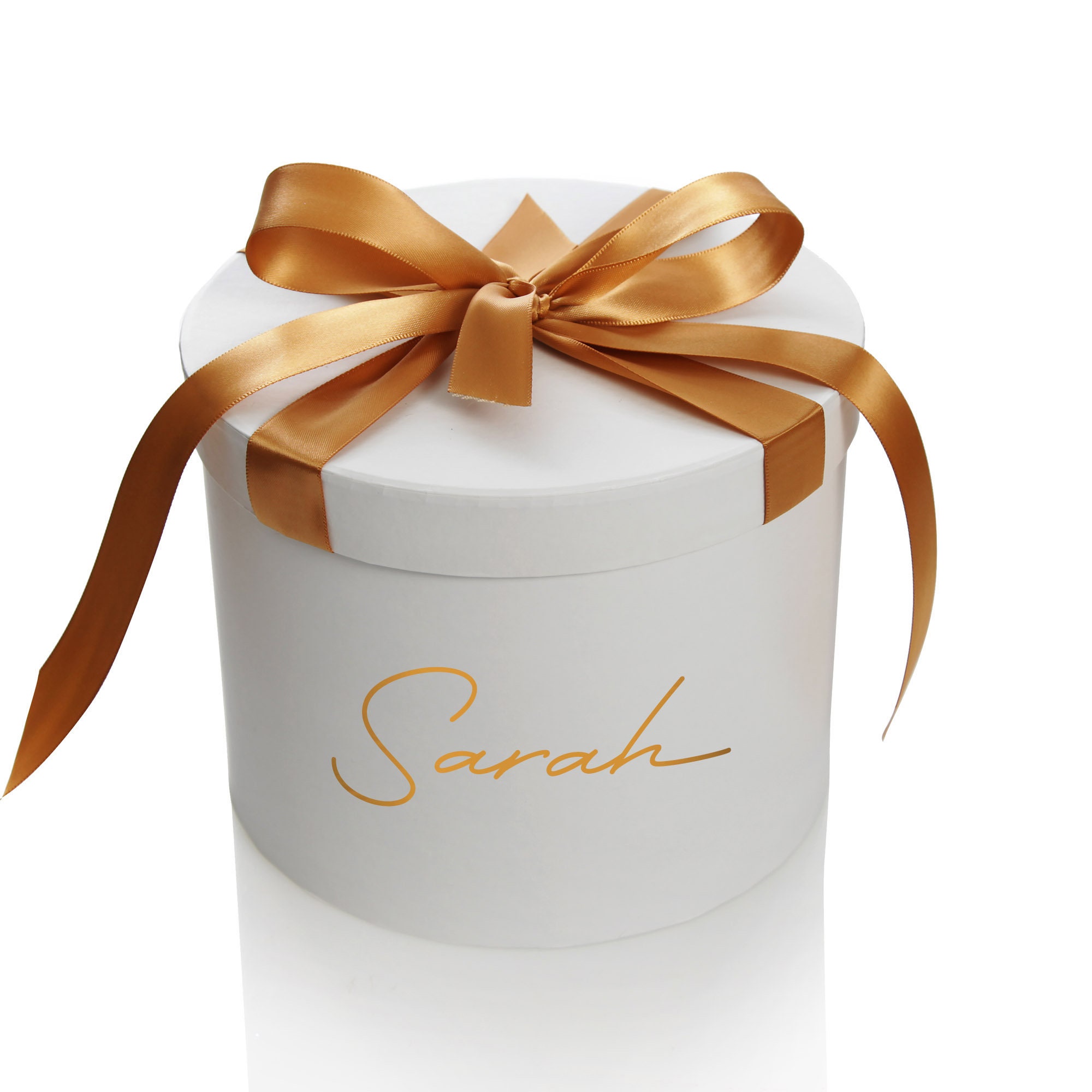 Personalised White Round Gift Box With Gold Ribbon Bow 