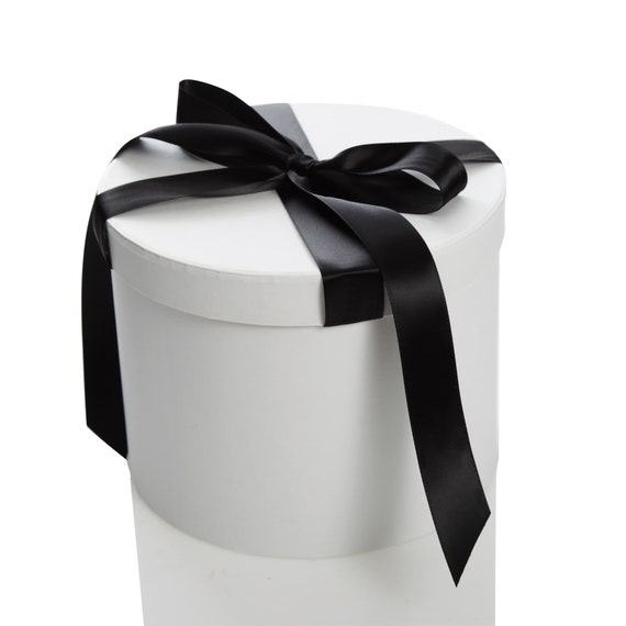 Personalised White Round Gift Box With Black Ribbon Bow 