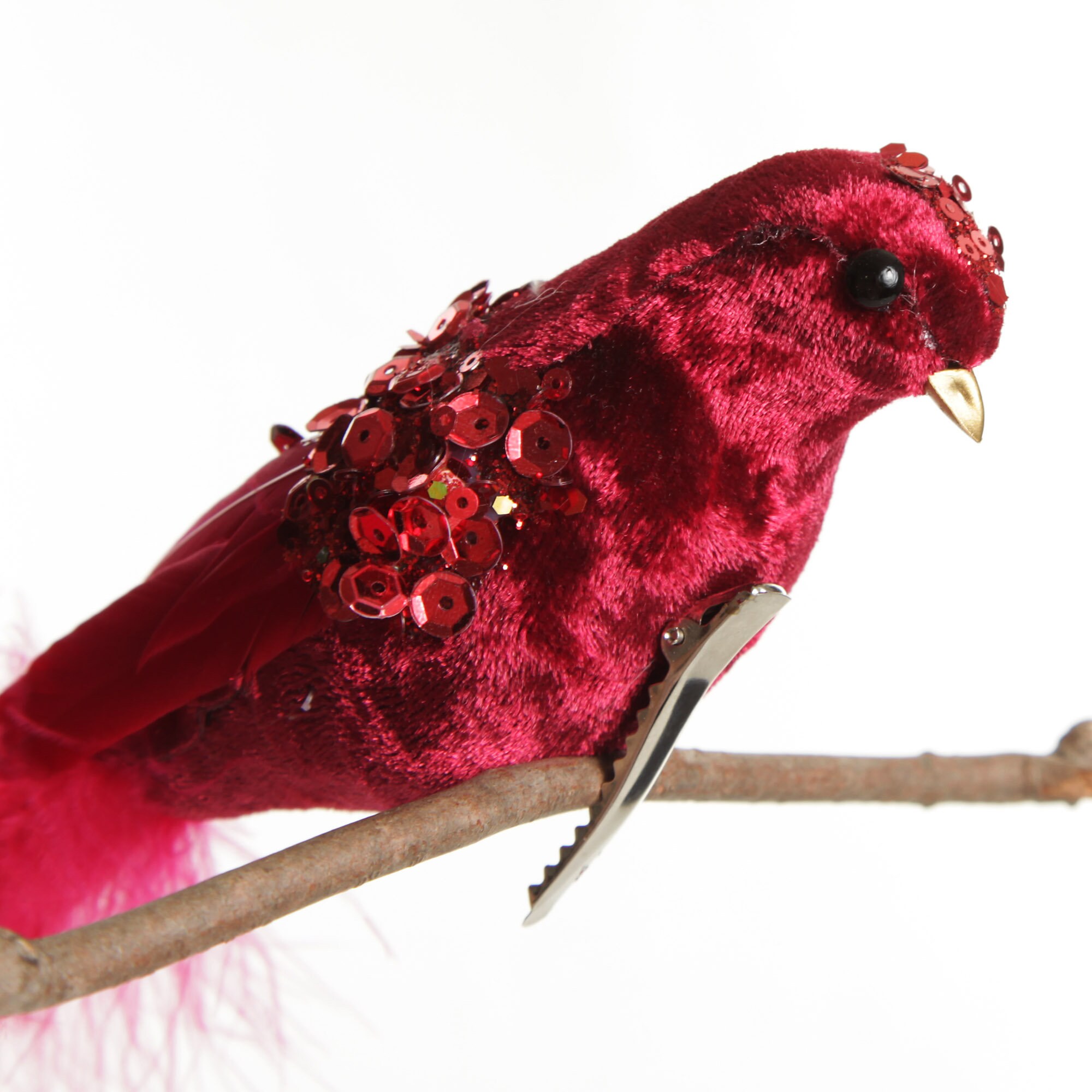 Guirlande de Noël Bouquet de Plume rouge sur ruban satin et perles