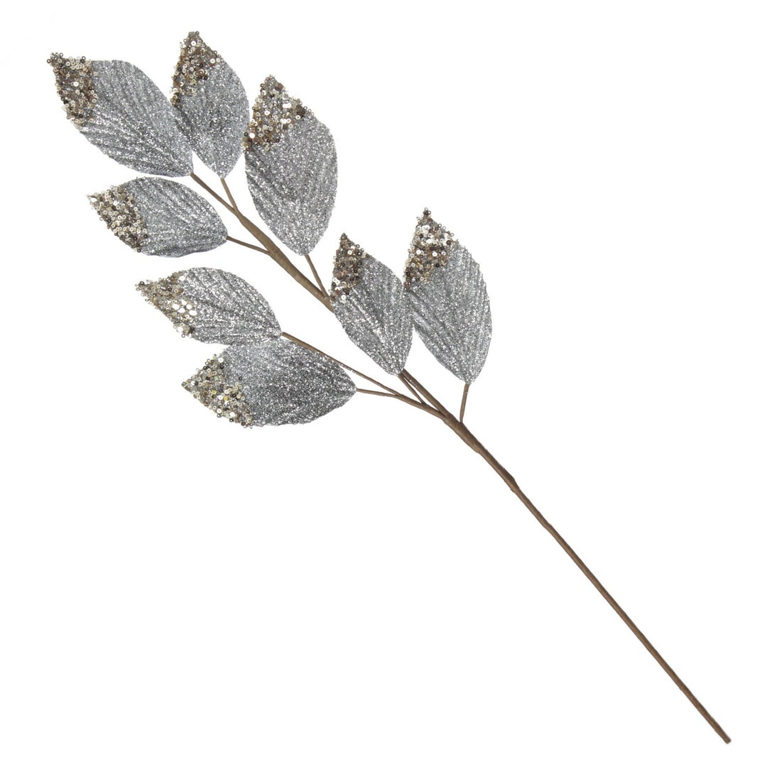 Silver Glitter Leaf Spray With Sequin Tips Etsy