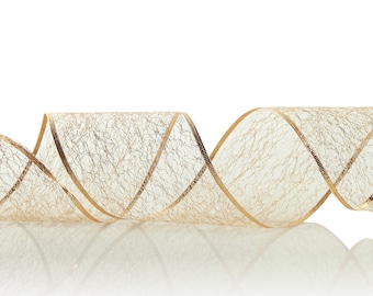 May include: A gold and white ribbon with a delicate, textured design. The ribbon is curled and twisted, creating a decorative and elegant look.