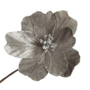 Silver Satin Magnolia Flower Stem with Glitter Trim